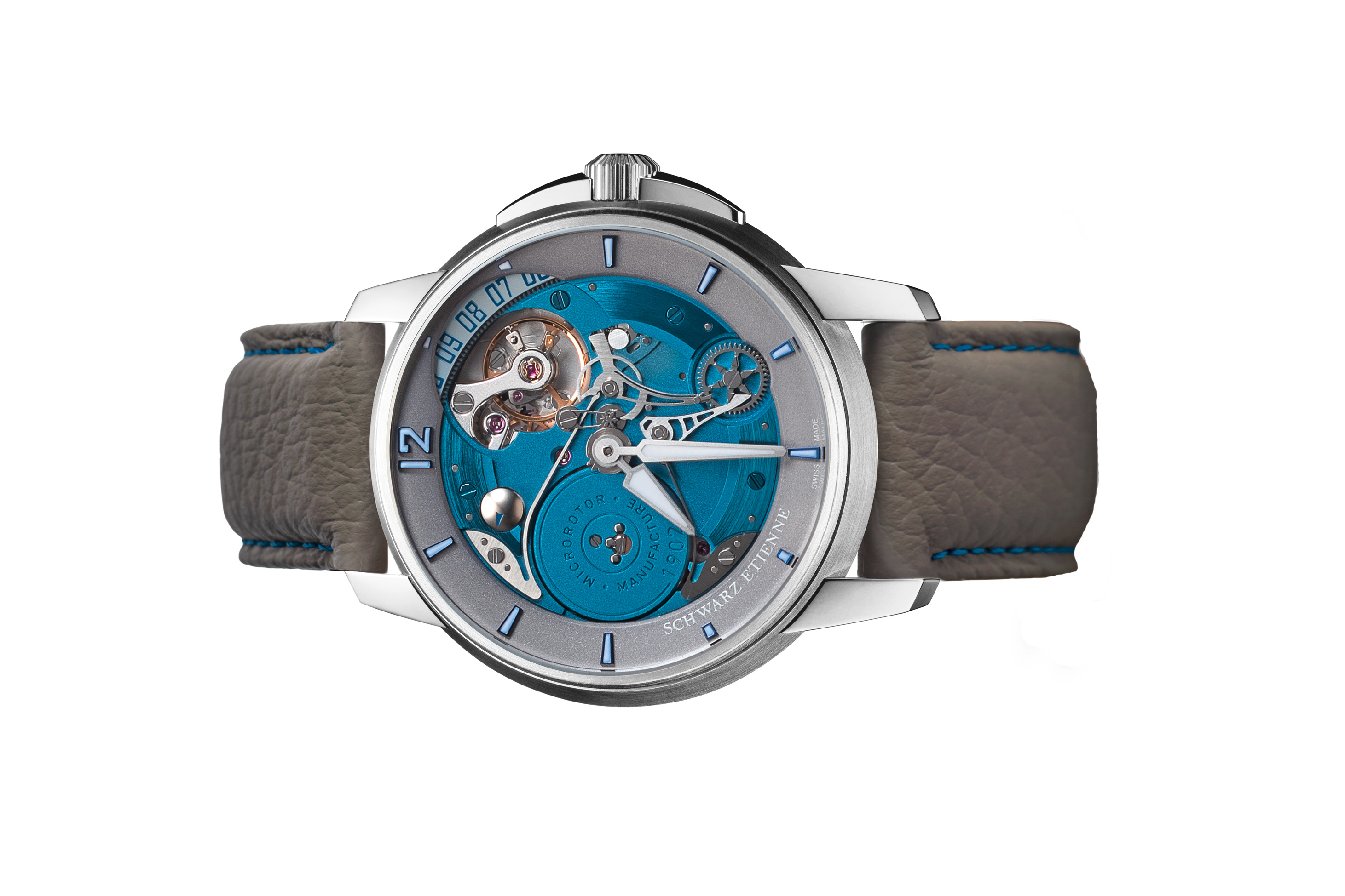 Đồng hồ đeo tay thương hiệu Schwarz Etienne, dòng sản phẩm Roswell 08, ref WRW08TJ03SSCUBCLTD, mặt số xanh và xám, size 45mm, máy tự động, vỏ đồng hồ bằng thép không gỉ, dây da, mới 100%