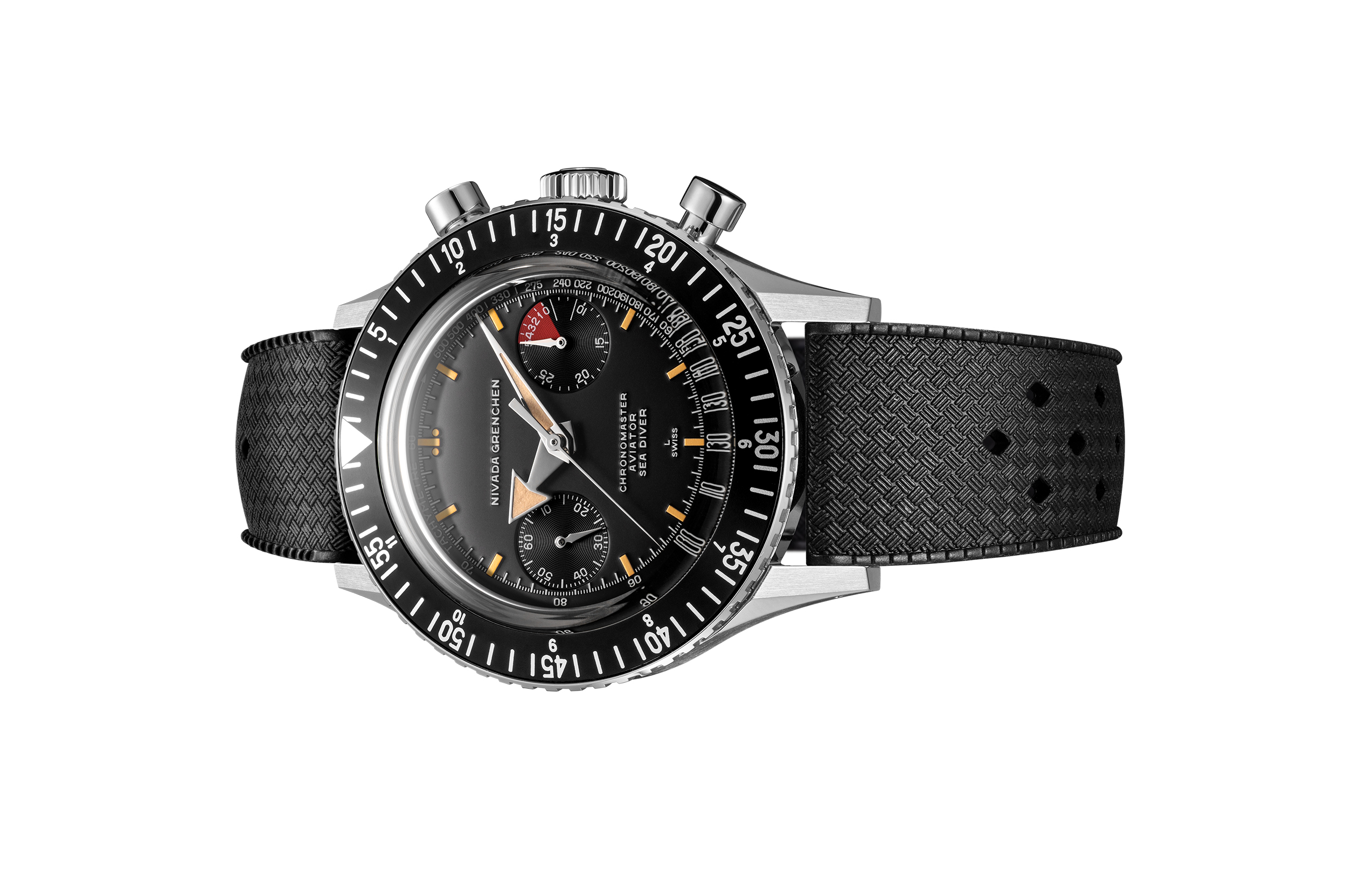 Nivada Grenchen, dòng sản phẩm Chronomaster Broad Arrow, Ref no: 85041M, mặt số màu đen Đồng hồ đeo tay thương hiệu Nivada Grenchen, dòng sản phẩm Chronomaster Broad Arrow, Ref no: 85041M, mặt số màu đen, size 41mm, lên dây cót bằng tay, vỏ đồng hồ bằng thép không gỉ, mới 100%