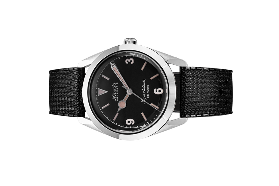 Đồng hồ đeo tay thương hiệu Nivada Grenchen, dòng sản phẩm Super Antarctic 3.6.9, Ref num 32032A, mặt số đen mờ, size 38mm, máy tự động, vỏ bằng thép không gỉ 316L, dây da bò, mới 100%