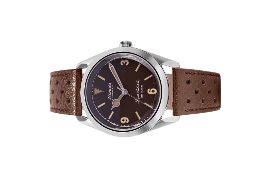 Đồng hồ đeo tay thương hiệu Nivada Grenchen, dòng sản phẩm Super Antarctic 3.6.9, Ref num 32031A, mặt số nhiệt đới mờ, size 38mm, máy tự động, vỏ bằng thép không gỉ 316L, dây da bò, mới 100%