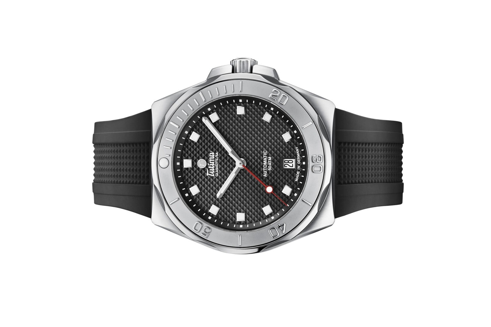 Đồng hồ đeo tay thương hiệu Tutima, dòng sản phẩm M2 Seven Seas S, Ref no: 6156-21, mặt số màu đen size 40mm, máy tự động, vỏ đồng hồ bằng thép không gỉ, dây cao su, hàng mới 100%