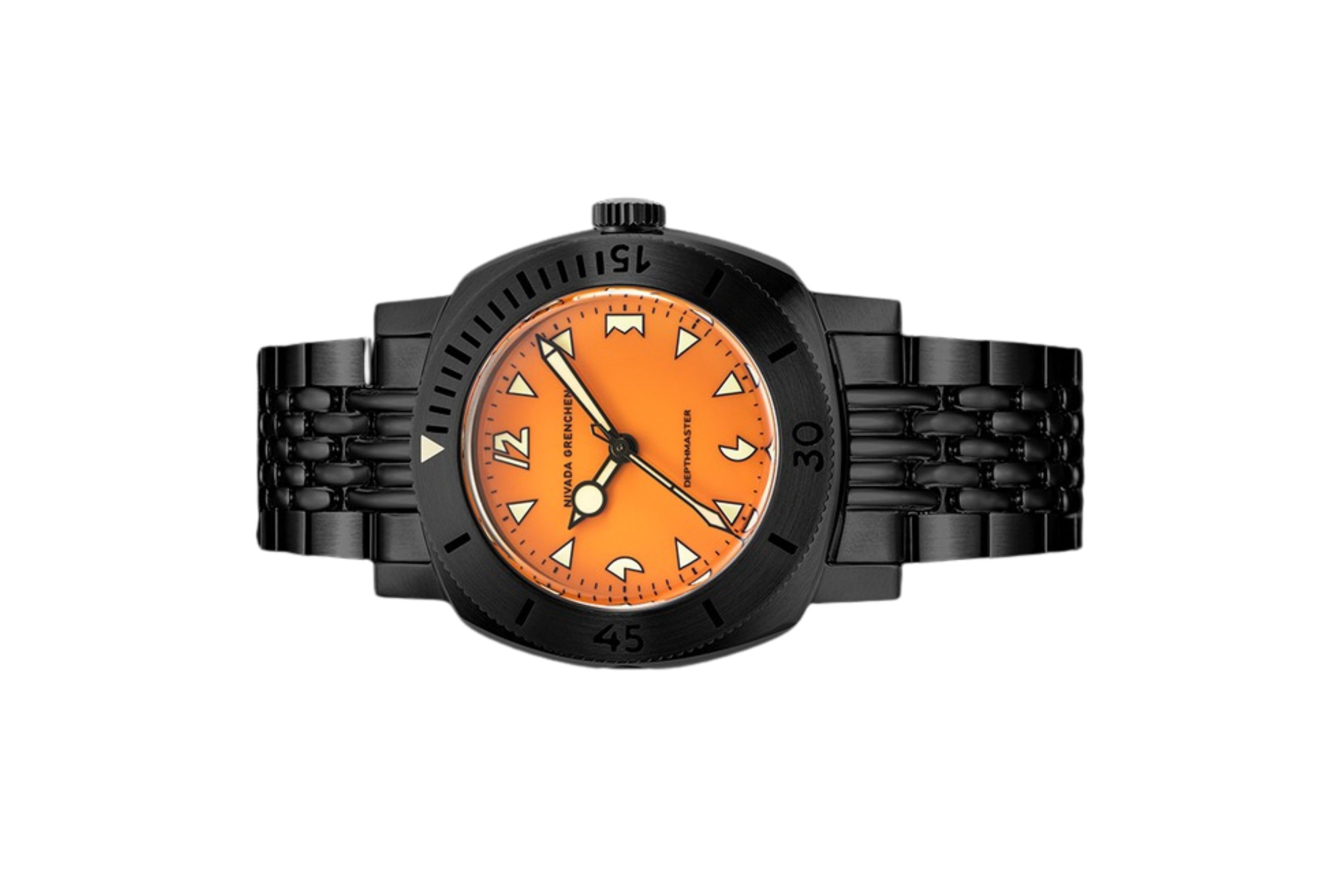 Đồng hồ đeo tay thương hiệu Nivada Grenchen, dòng sản phẩm Depthmaster, Ref number: 14131A, mặt số màu cam, size 39mm, máy tự động, vỏ và dây đồng hồ bằng thép không gỉ 316, mới 100%