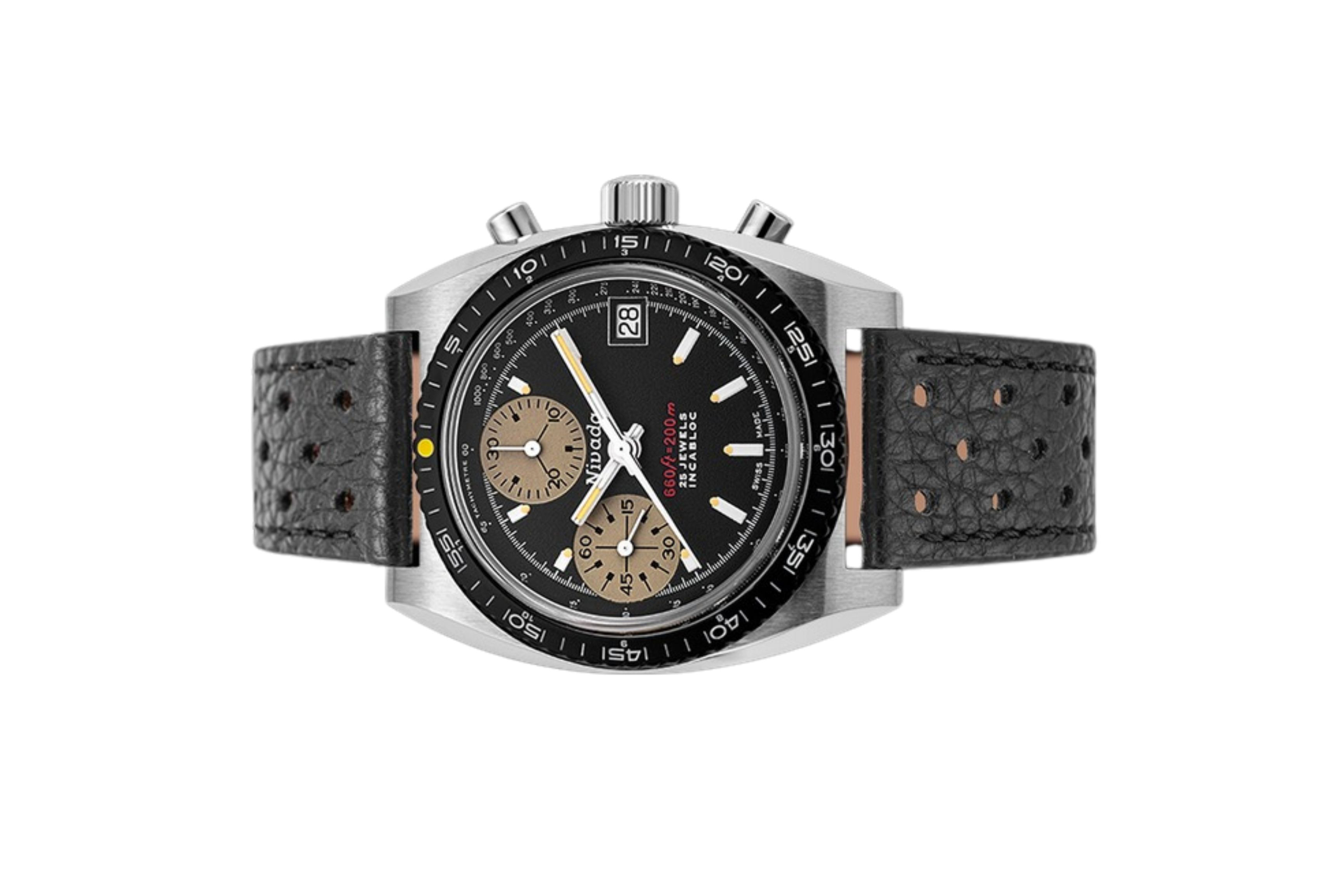 Đồng hồ đeo tay thương hiệu Nivada Grenchen, dòng sản phẩm Chronosport, Ref number: 77001A, mặt số màu đen size 38mm, máy tự động, vỏ bằng thép không gỉ 316L và dây da bò, mới 100%