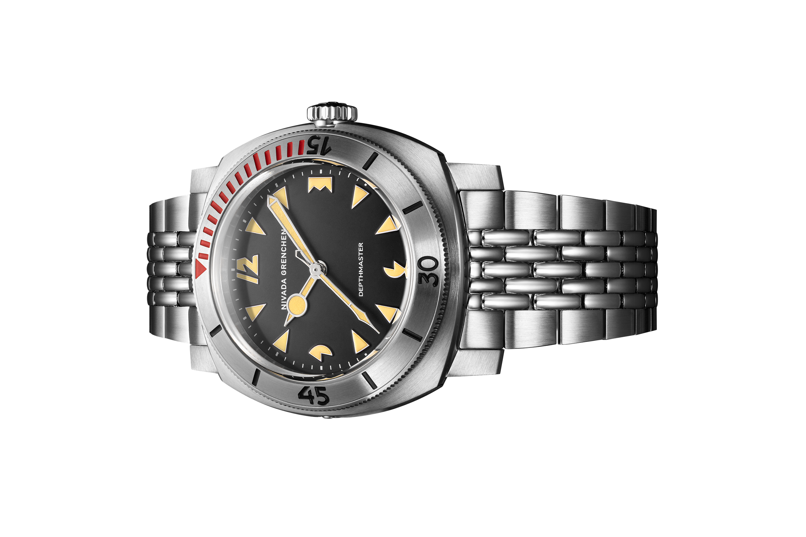Đồng hồ đeo tay thương hiệu Nivada Grenchen, dòng sản phẩm Depthmaster - Pacman, Ref number: 14200A, mặt số đen, size 42mm, máy tự động, vỏ đồng hồ bằng thép không gỉ 316, mới 100%