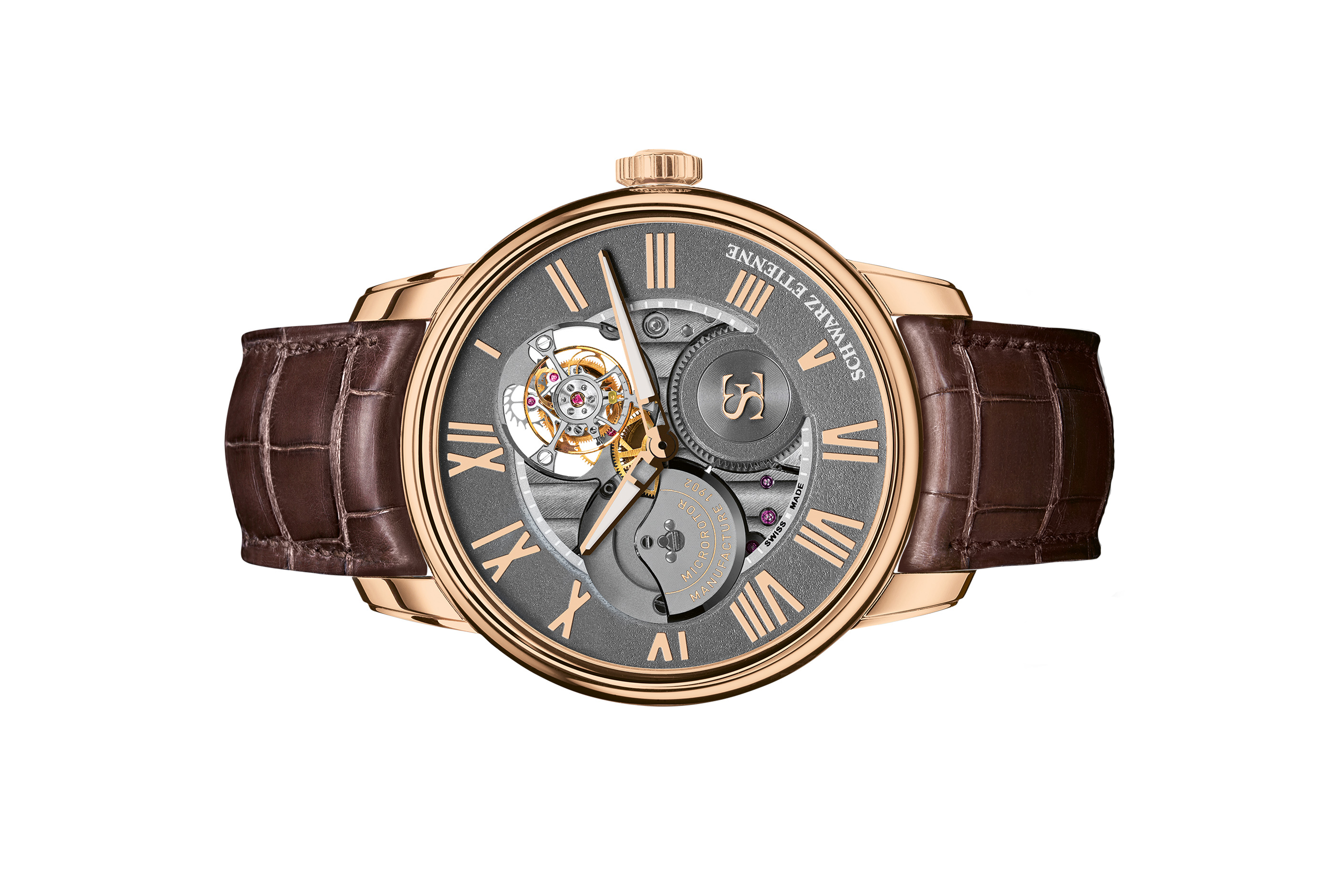 Đồng hồ đeo tay thương hiệu Schwarz Etienne, dòng sản phẩm La Chaux-de-Fonds, ref WCF09TSE06RB21AA, mặt số than Anthracite, size 44mm, máy tự động, vỏ đồng hồ bằng vàng hồng 18k, dây da, mới 100%