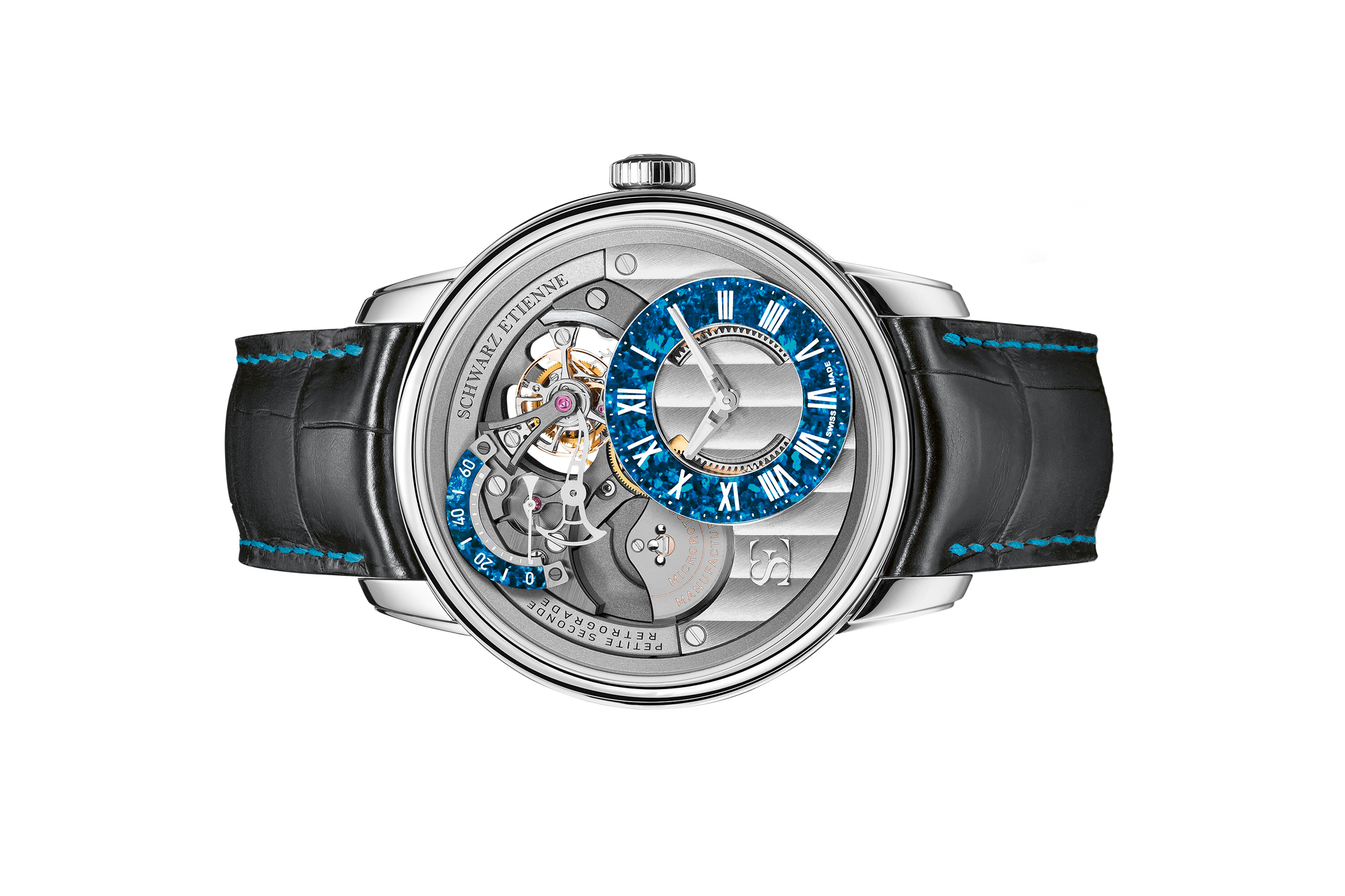 Đồng hồ đeo tay thương hiệu Schwarz Etienne, dòng sản phẩm La Chaux-de-Fonds, Ref WCF22TSE03WG01AA, mặt số bạc và đá opal, size 44mm, máy tự động, vỏ đồng hồ bằng vàng trắng 18k, dây da, mới 100%