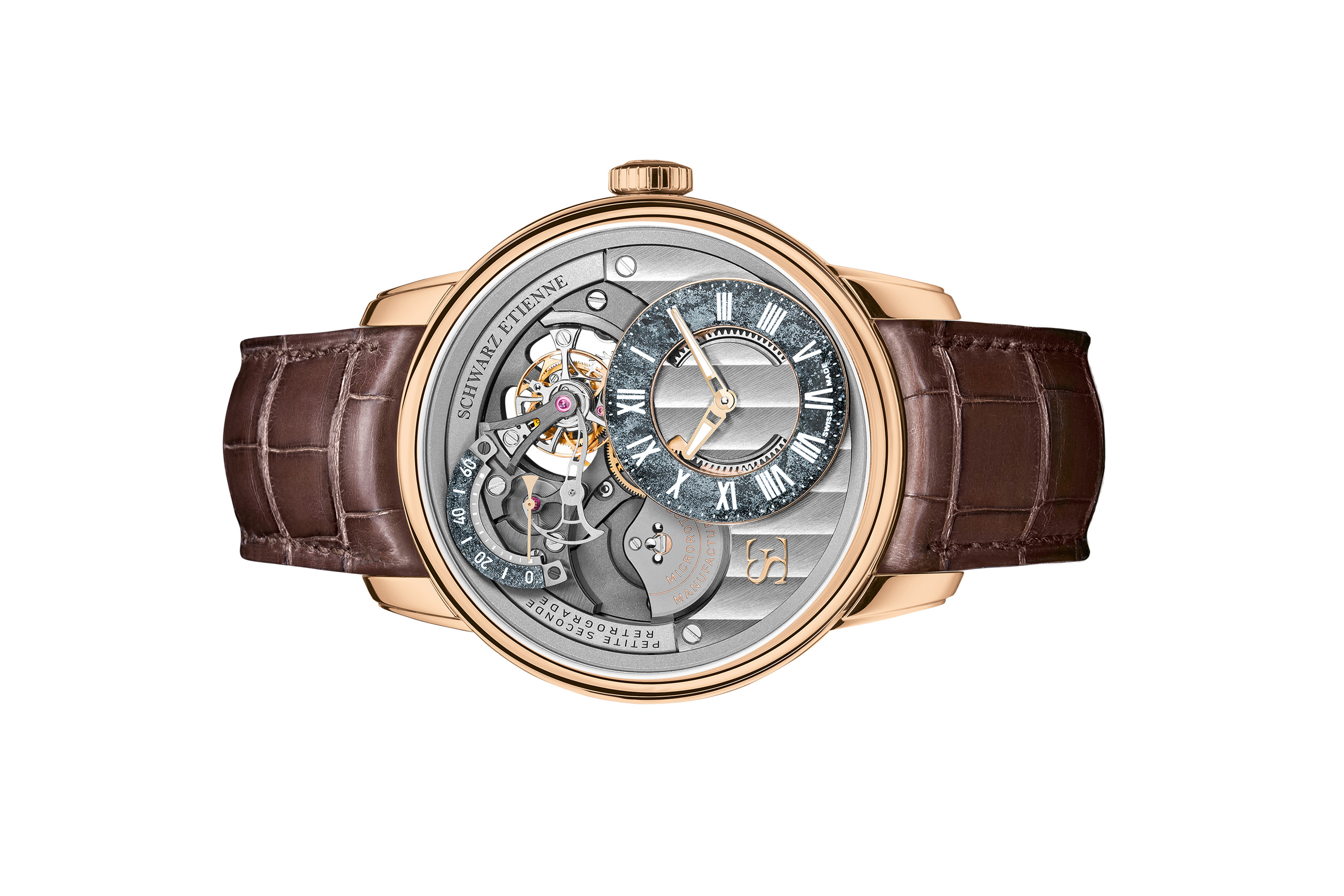 Đồng hồ đeo tay thương hiệu Schwarz Etienne, dòng sản phẩm La Chaux-de-Fonds, Number no WCF22TSE06RB21AA, mặt số bạc và đá Hematite Specularite, size 44mm, máy tự động, vỏ đồng hồ bằng vàng hồng 18k, dây da, mới 100%