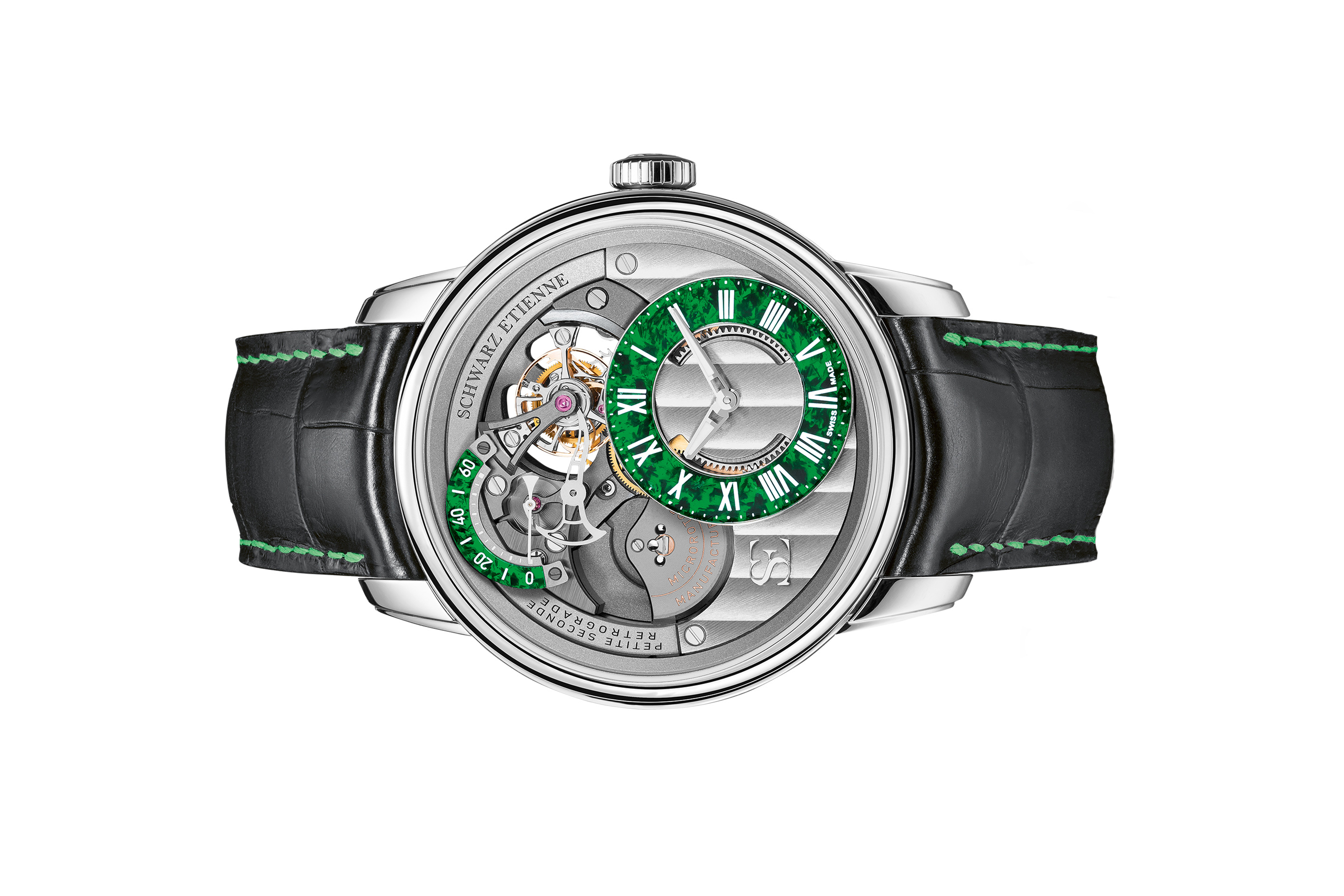 Đồng hồ đeo tay thương hiệu Schwarz Etienne, dòng sản phẩm La Chaux-de-Fonds, Ref WCF22TSE06SS01AA, mặt số bạc và đá Aventurine, size 44mm, máy tự động, vỏ đồng hồ bằng thép không gỉ, dây da, mới 100%