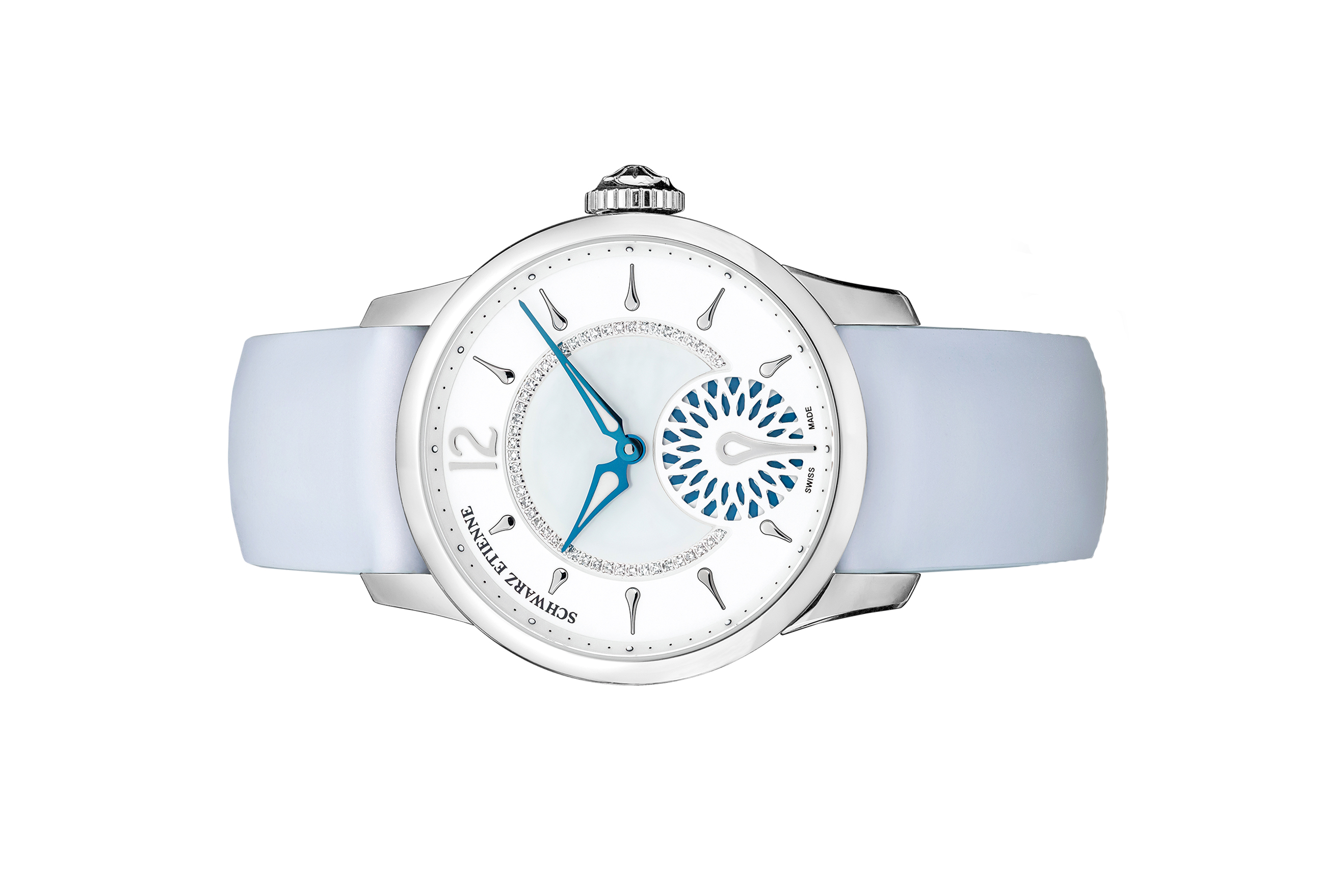 Đồng hồ đeo tay thương hiệu Schwarz Etienne, dòng sản phẩm Fiji Floral Seconds, Number no WFI01MA16SSW25-A, mặt số vỏ trai trắng, size 38mm, máy tự động, vỏ đồng hồ bằng thép không gỉ, dây da, mới 100%