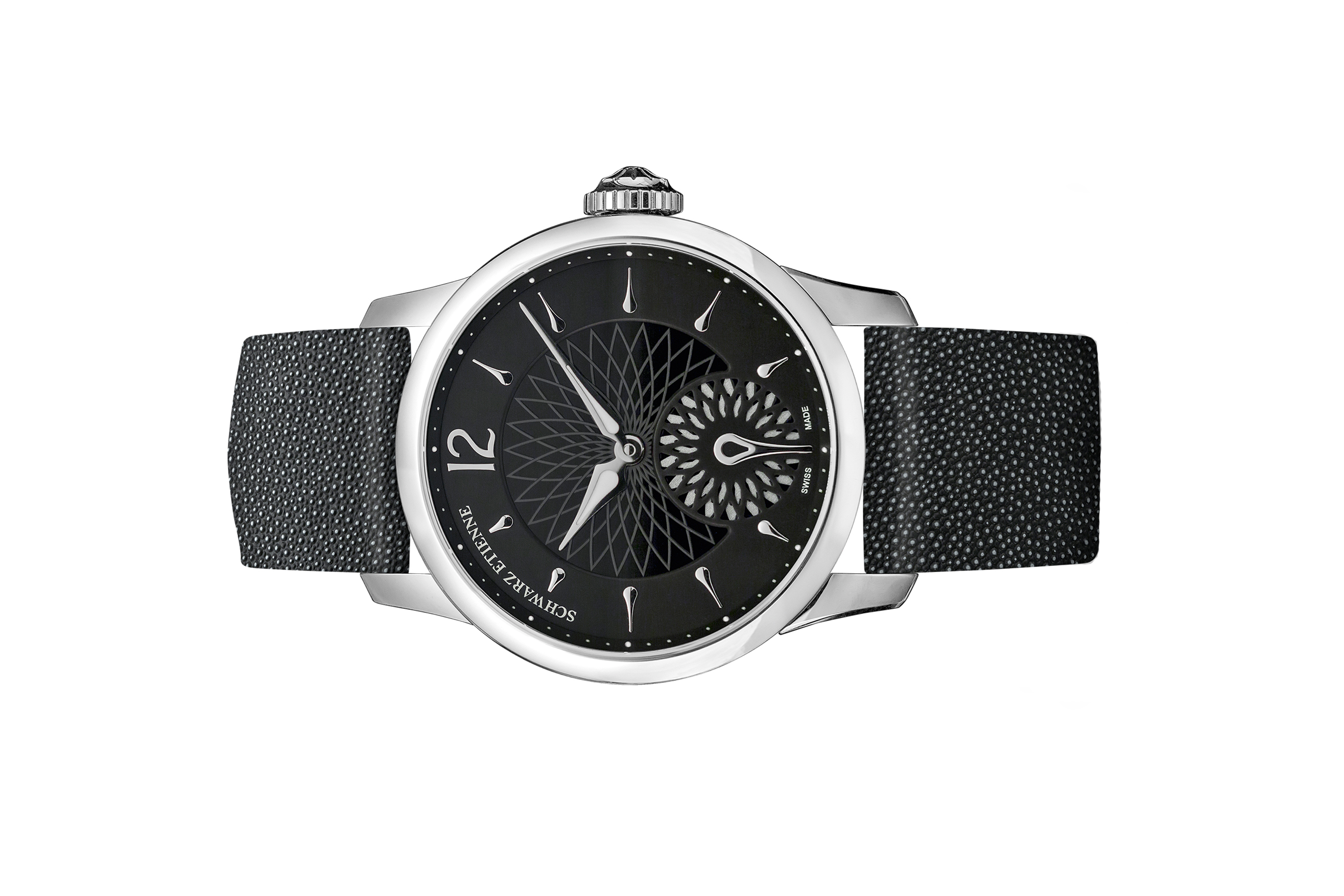 Đồng hồ đeo tay thương hiệu Schwarz Etienne, dòng sản phẩm Fiji Floral Seconds, ref WFI15MA01SS01AA, mặt số đen, size 38mm, máy tự động, vỏ đồng hồ bằng thép không gỉ, dây da, mới 100%