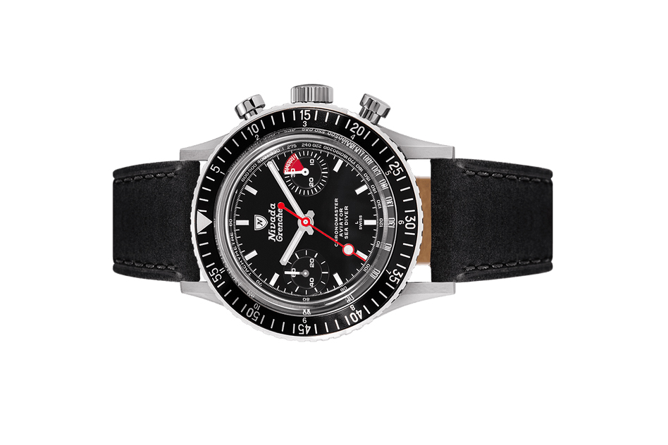 Đồng hồ đeo tay thương hiệu Nivada Grenchen, dòng sản phẩm Chronomaster White Lollipop, Ref no: 86011WM, mặt số đen, size 38mm, lên dây cót bằng tay, vỏ đồng hồ bằng thép không gỉ và dây da bò, mới 100%