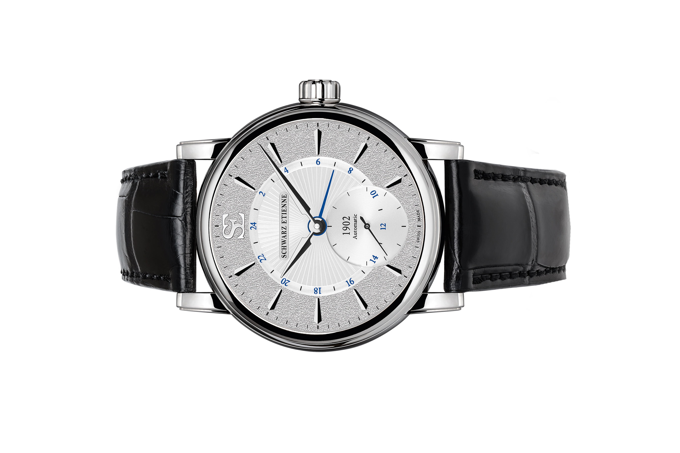 Đồng hồ đeo tay thương hiệu Schwarz Etienne, dòng sản phẩm GMT, Number no WRO17MA24SS01AA, mặt số bạc, size 42mm, máy tự động, vỏ đồng hồ bằng thép không gỉ, dây da, mới 100%