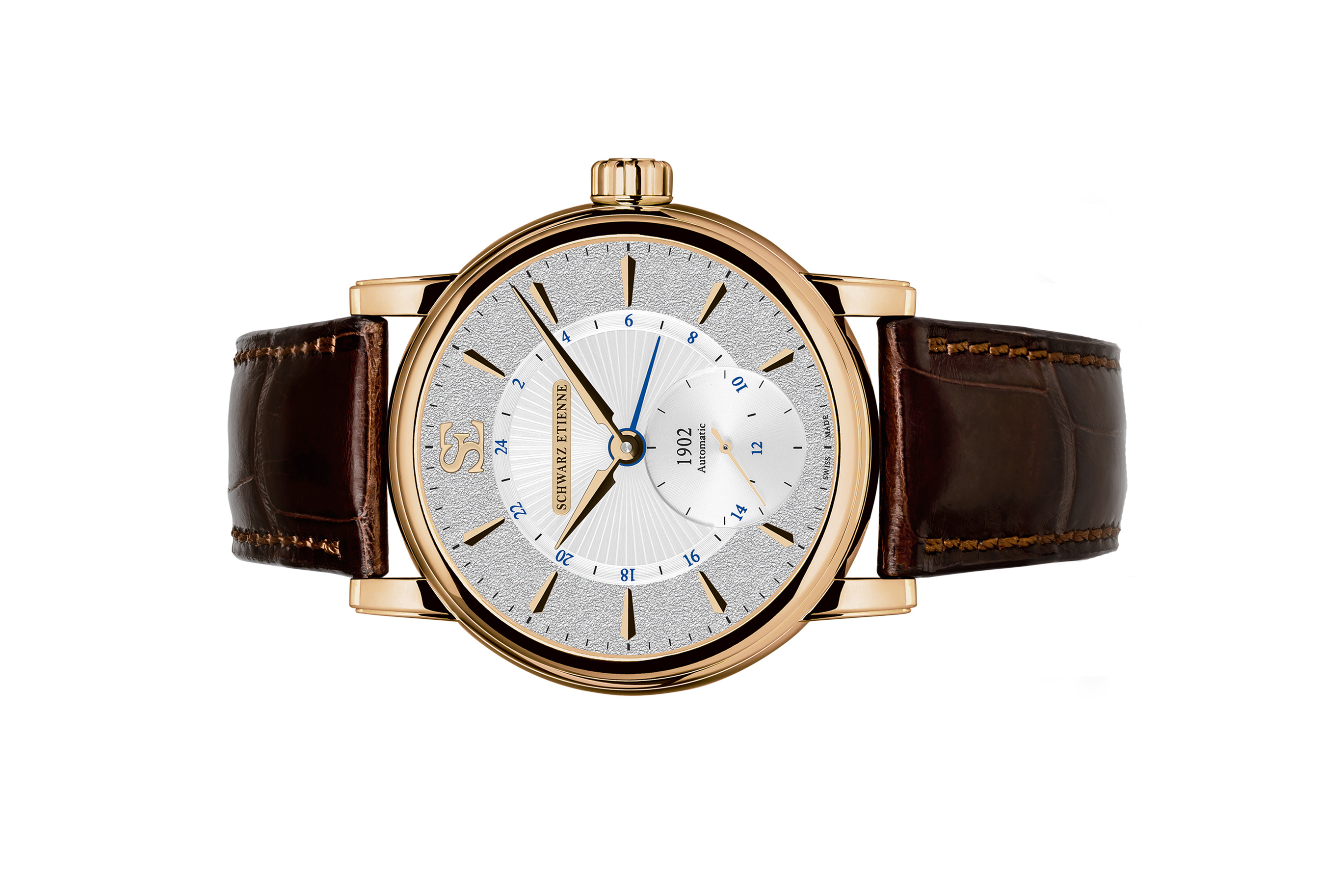 Đồng hồ đeo tay thương hiệu Schwarz Etienne, dòng sản phẩm GMT, Number no WRO17MA27RB21AA, mặt số bạc, size 42mm, máy tự động, vỏ đồng hồ bằng vàng hồng 18k, dây da, mới 100%