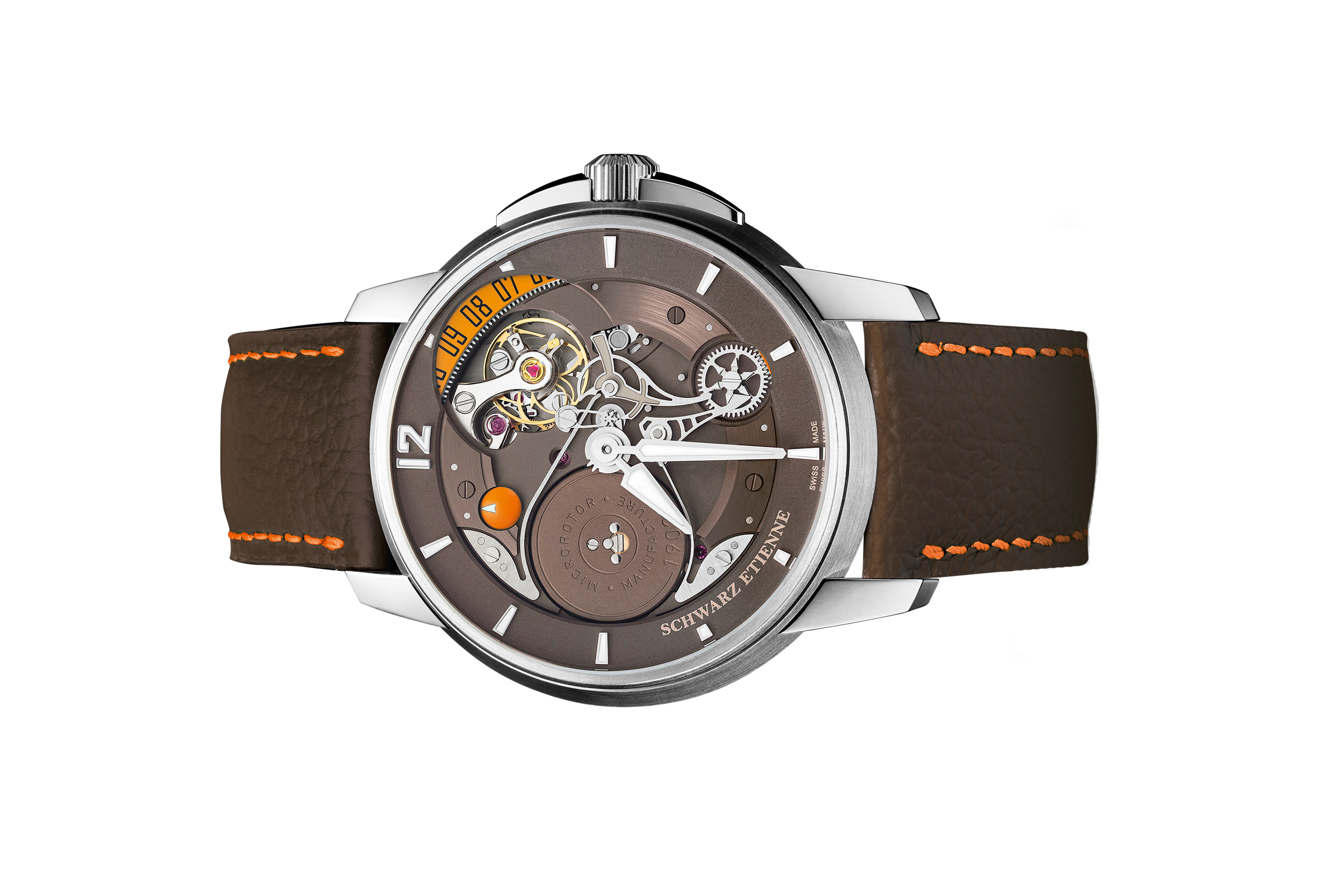 Đồng hồ đeo tay thương hiệu Schwarz Etienne, dòng sản phẩm Roswell 08, Ref WRW11TJ32SS21AA, mặt số Tobacco, size 45mm, máy tự động, vỏ đồng hồ bằng thép không gỉ, dây da, mới 100%