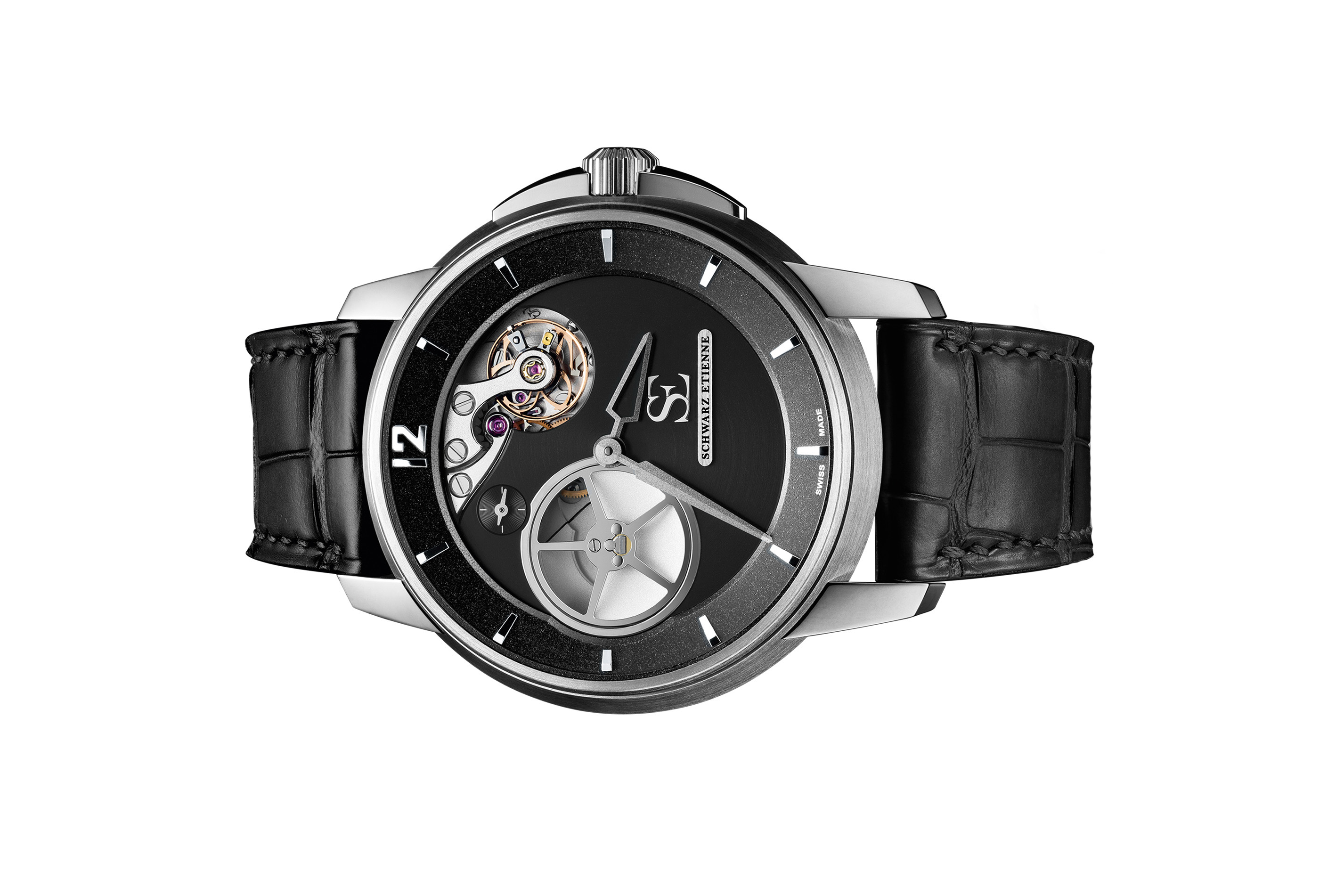 Đồng hồ đeo tay thương hiệu Schwarz Etienne, dòng sản phẩm Roswell 08, ref WRW20TJ01SS01AA, mặt số đen, size 45mm, máy tự động, vỏ đồng hồ bằng thép không gỉ, dây da, mới 100%