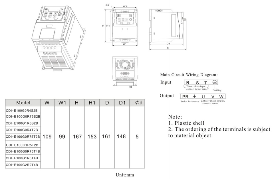 Kích thước biến tần Delixi E102G0R75S2B