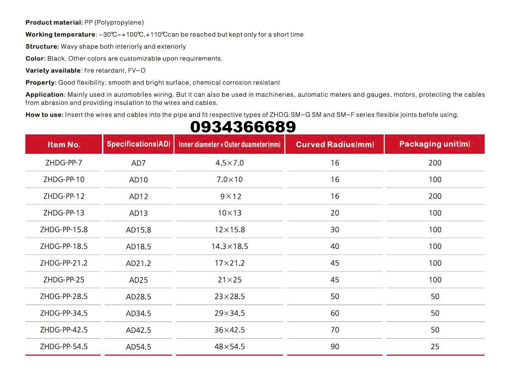 Thông số kỹ thuật Ruột gà xẻ Rãnh AD10 Nhựa PP