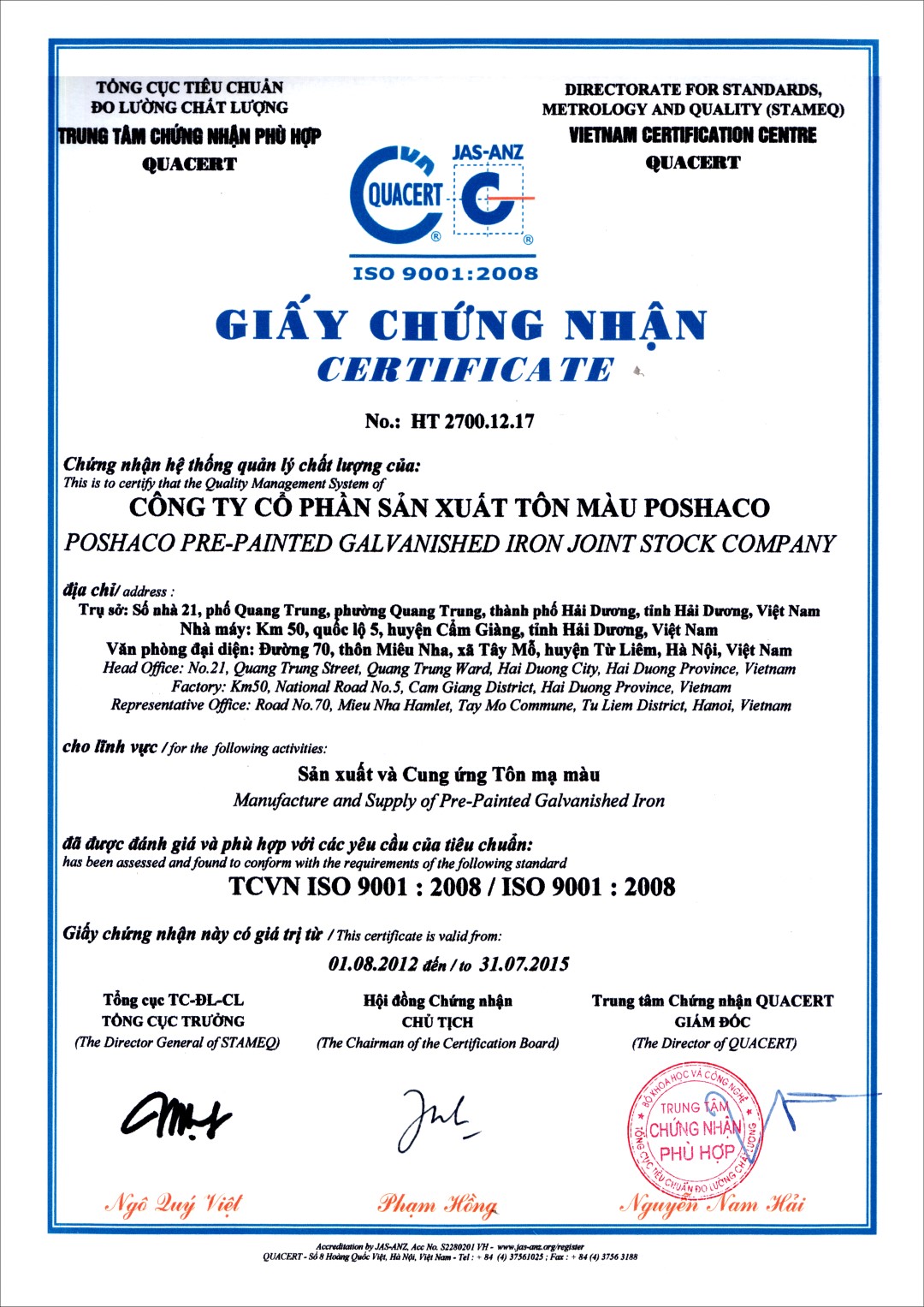 Giấy chứng nhận QUACERT ISO 9001:2008