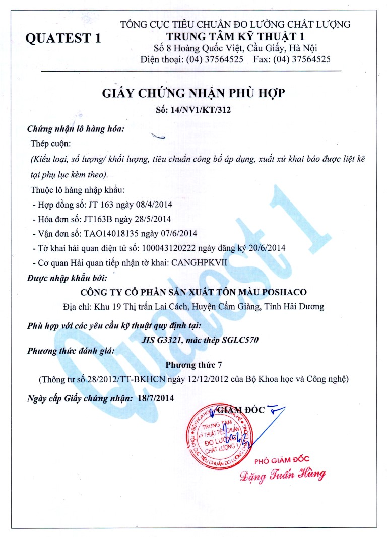 Giấy chứng nhận QUATEST - chứng nhận phù hợp các yêu cầu kỹ thuật JIS G3321