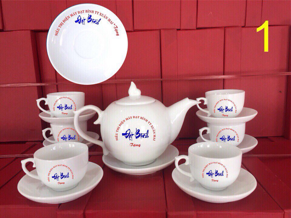Bộ ấm chén trà giá rẻ chớp lửa in logo Đạt Bình
