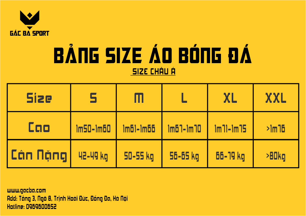 Size quần áo bóng đá gác ba