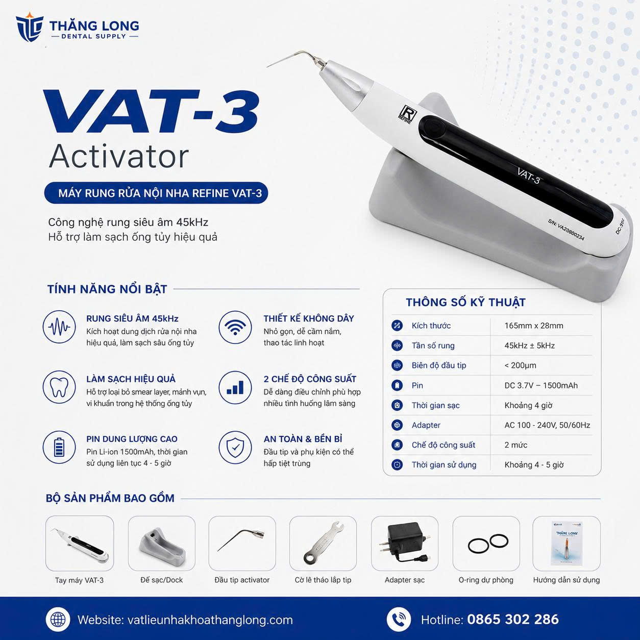 Infographic thông số kỹ thuật máy rung rửa nội nha Refine VAT-3