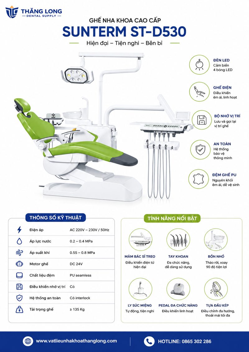 Infographic thông số ghế nha khoa Suntem ST-D530 cao cấp