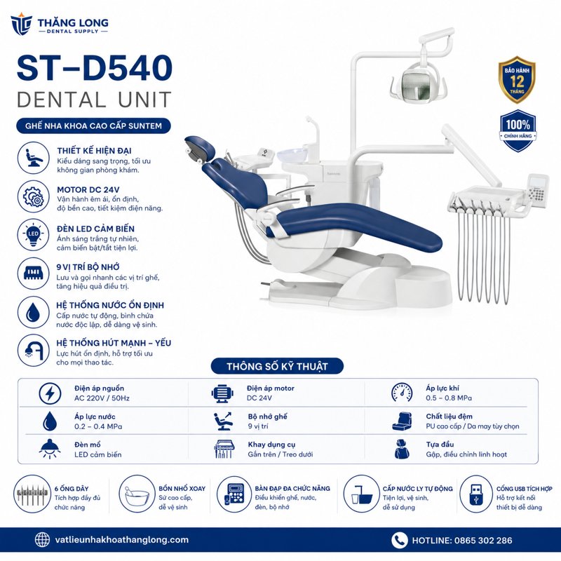Infographic ghế nha khoa Suntem ST-D540 thông số kỹ thuật và tính năng