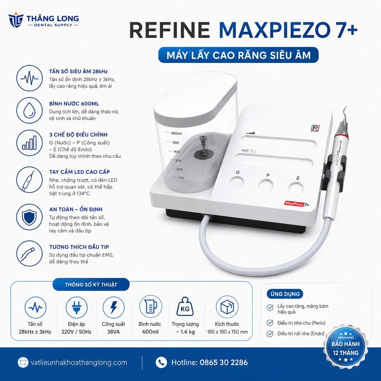 Infographic thông số máy lấy cao răng siêu âm Refine MaxPiezo 7 Plus nha khoa