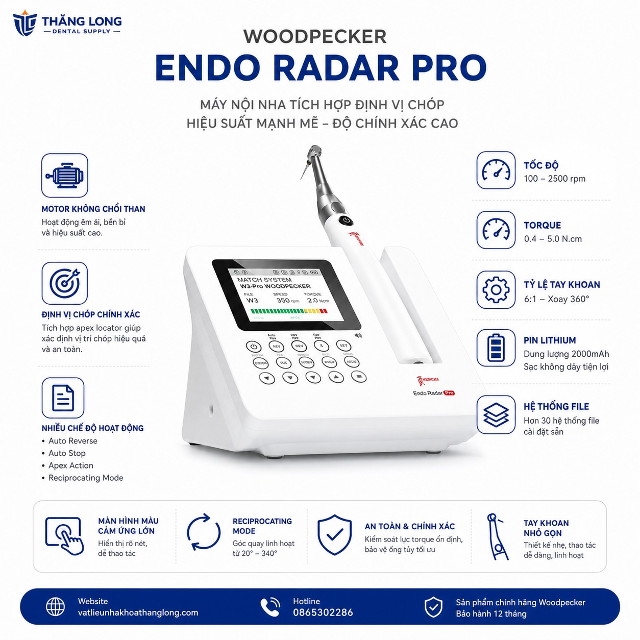 nfographic thông số máy nội nha Woodpecker Endo Radar Pro Thăng Long Dental Supply