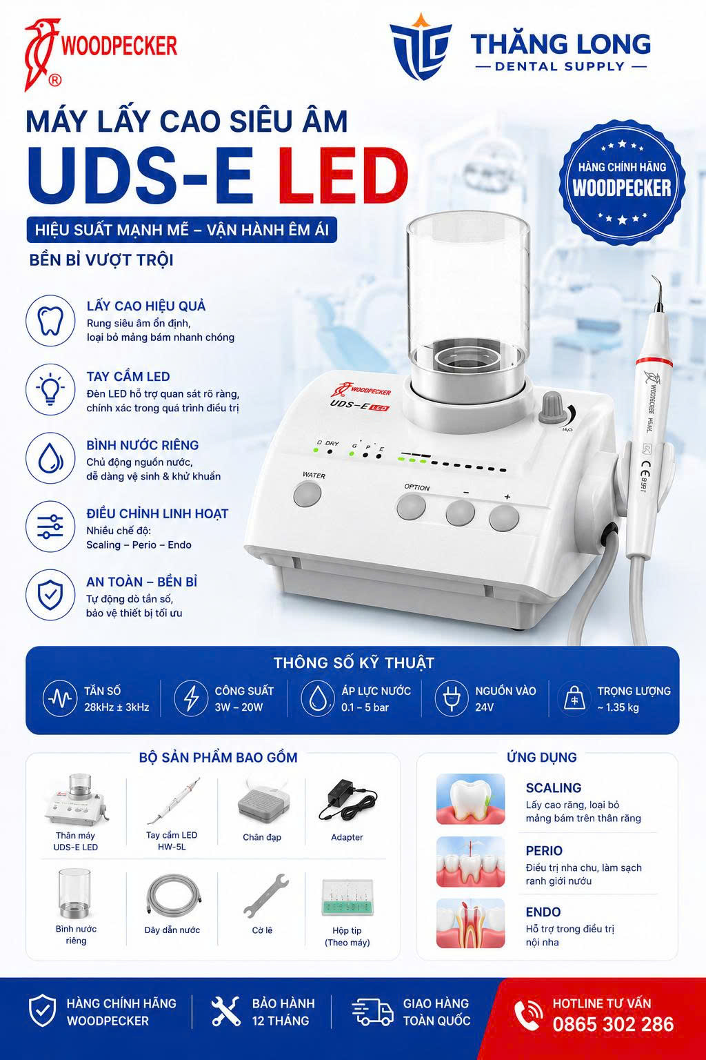 Infographic thông số kỹ thuật và tính năng máy lấy cao Woodpecker UDS-E LED