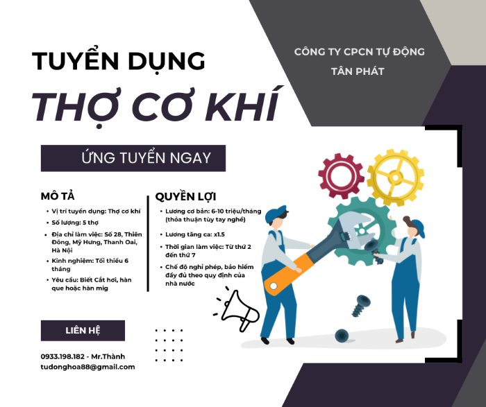 THÔNG TIN TUYỂN DỤNG: TÂN PHÁT TUYỂN DỤNG THỢ CƠ KHÍ LÀM VIỆC TẠI THANH OAI, HÀ NỘI