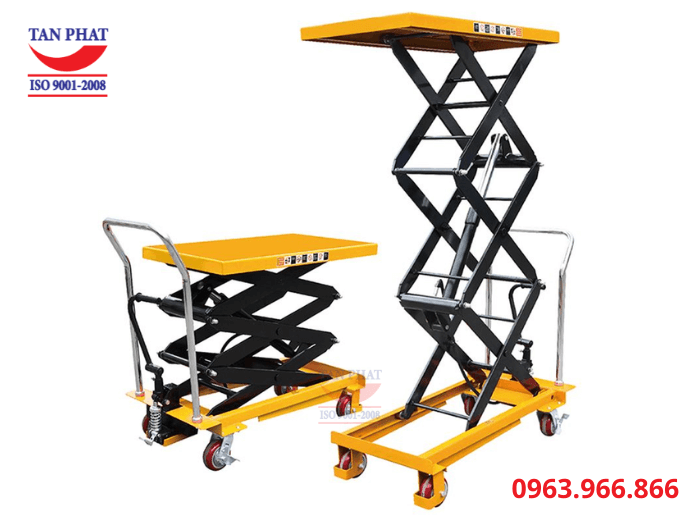 Bàn nâng thủy lực có bánh xe và tay cầm giúp di chuyển linh hoạt