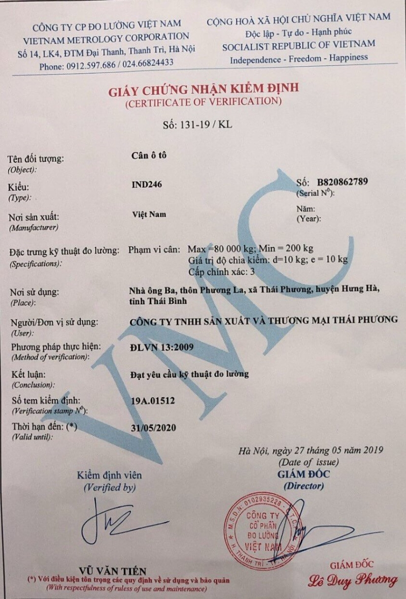 Giấy chứng nhận kiểm định cân ô tô điện tử