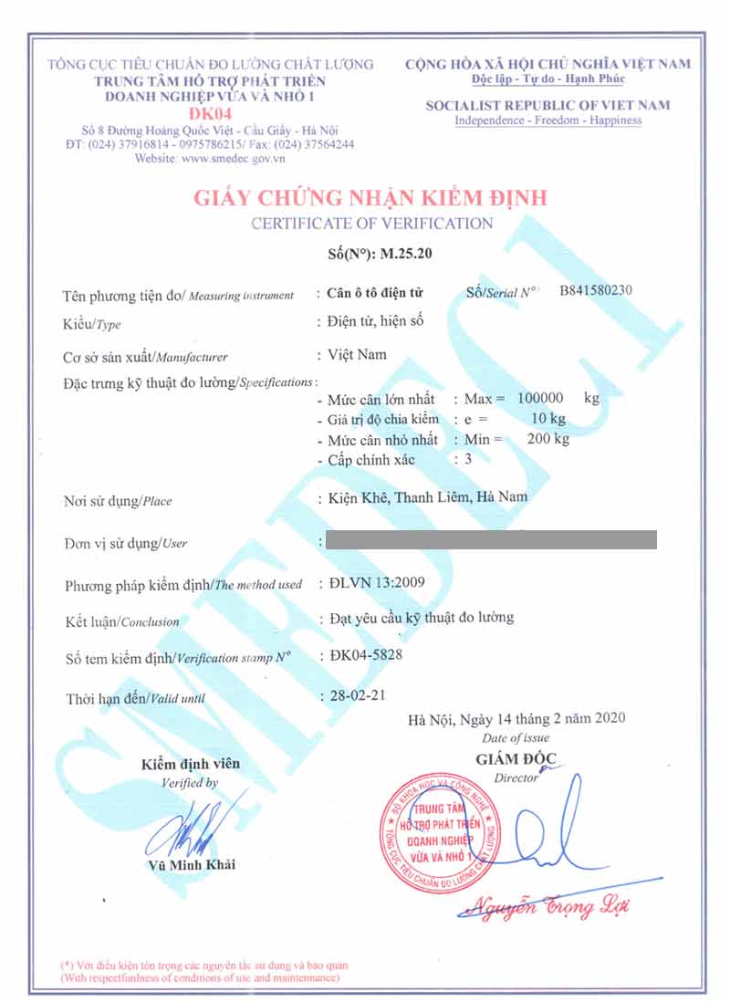 Chứng chỉ kiểm định cân ô tô điện tử