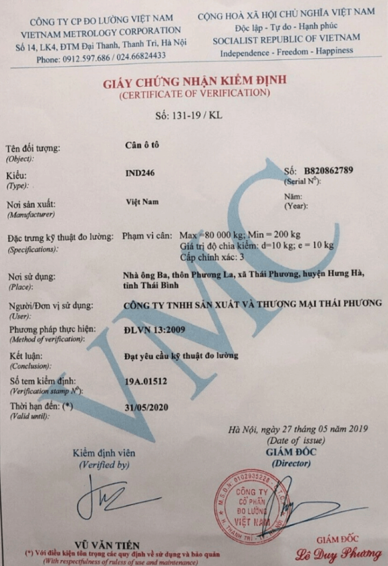 Giấy kiểm định cân xe tải, cân ô tô điện tử