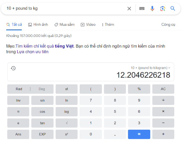 cách chuyển đổi pound sang kg thông qua google