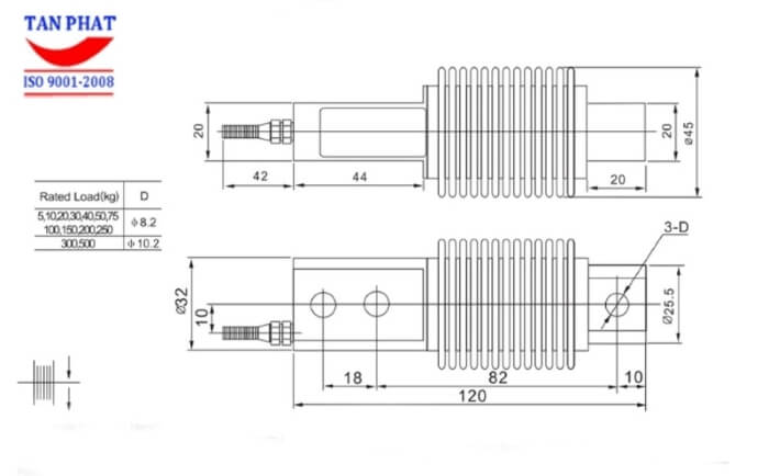 Bản vẽ kỹ thuật thể hiện cấu tạo và thông số của loadcell HSX 200kg