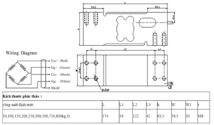 Bản vẽ cấu tạo loadcell UDA 150kg