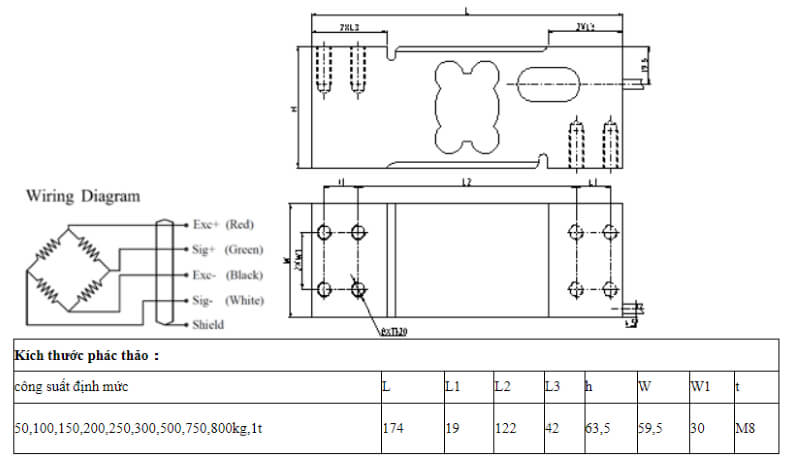 Bản vẽ và thông số kỹ thuật loadcell UDA Keli