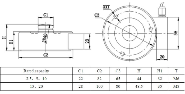 Bản vẽ kỹ thuật cảm biến lực loadcell YBSC 2 tấn