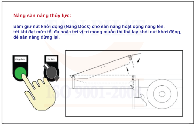 - Bấm giữ nút khởi động (Nâng Dock) cho sàn nâng hoạt động nâng lên, tới khi đạt mức tối đa hoặc tới vị trí mong muốn thì thả tay khỏi nút khởi động, để sàn nâng dừng lại.