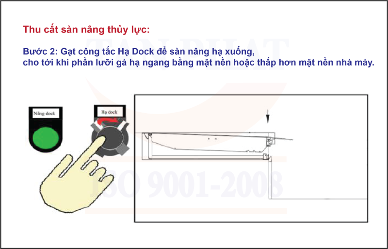 - Bước 2: Gạt công tắc Hạ Dock để sàn nâng hạ xuống, cho tới khi phần lưỡi gá hạ ngang bằng mặt nền hoặc thấp hơn mặt nền nhà máy.
