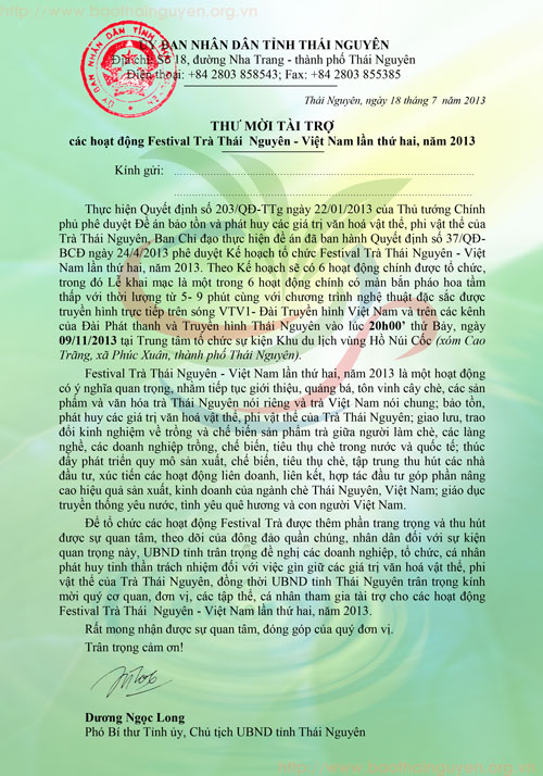 Thư mời tài trợ các hoạt động Festival Trà Thái Nguyên - Việt Nam lần thứ hai, năm 2013