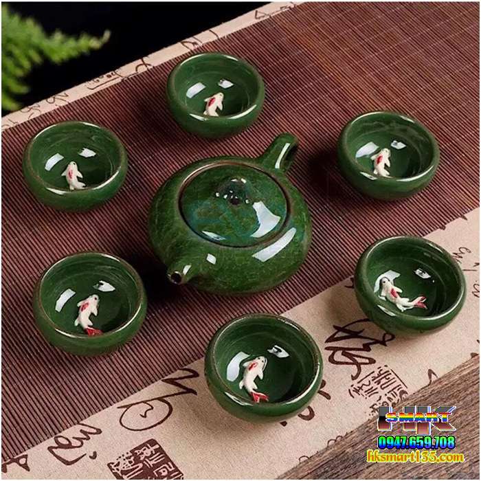 Bộ ấm chén men ngọc hình cá 3D