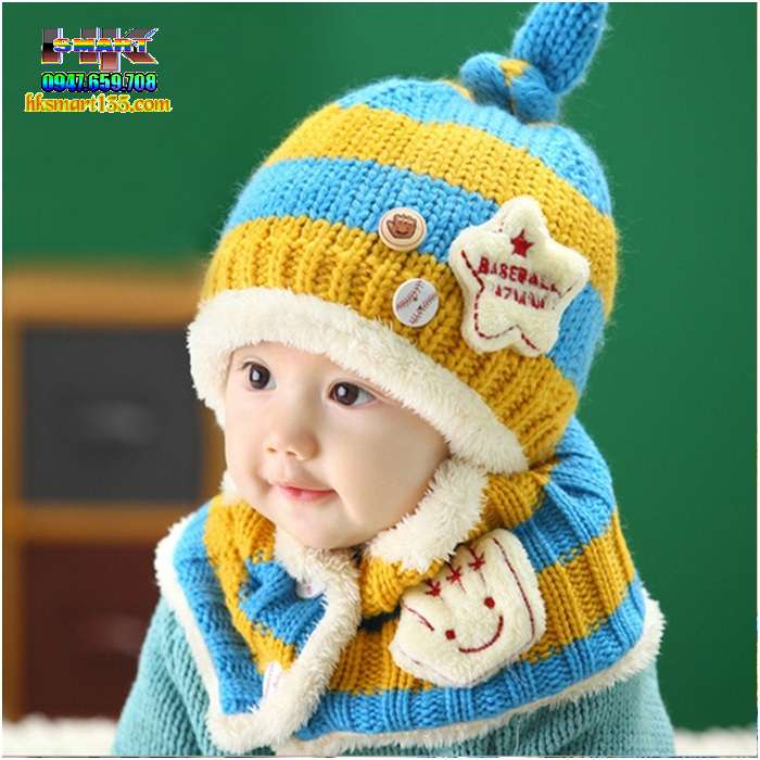 Bộ mũ khăn len ấm áp cho bé 2 lớp