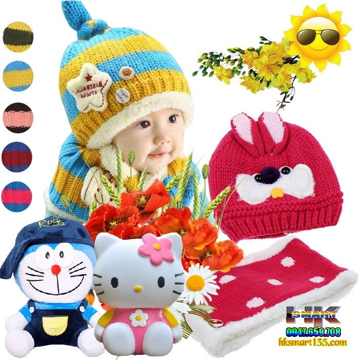 Bộ mũ khăn len ấm áp cho bé 2 lớp