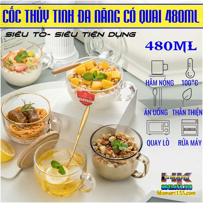 Cốc thủy tinh đa tiện ích 480ml có quai