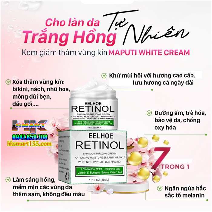 Kem Retinol Eelhoe 30gr-Dưỡng Ẩm Làm Trắng Sáng Da Cô Cậu Nhỏ, Hồng Nhũ Hoa, Vùng Nách, Đầu Gối, Khuỷu Tay, Bikini