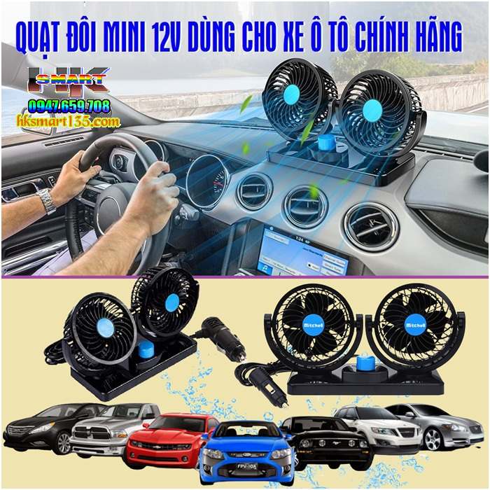 Quạt đôi mini 12V cho xe ô tô